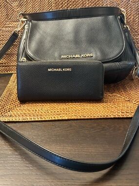 Michael Kors Bedford black leather bag and wallet with gold hardware